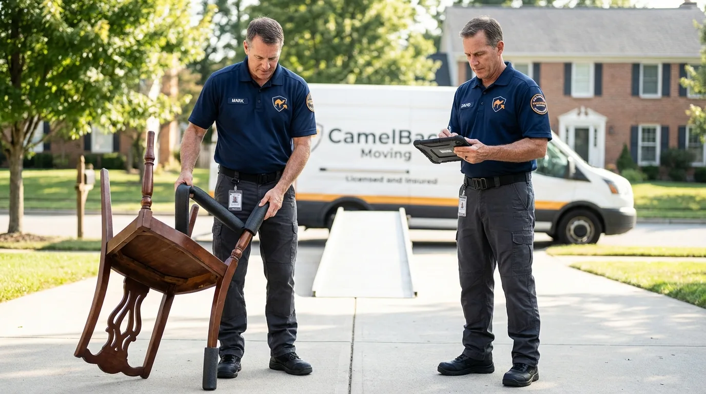 Movers inspecting furniture for damage prevention before loading in Hartsville, TN