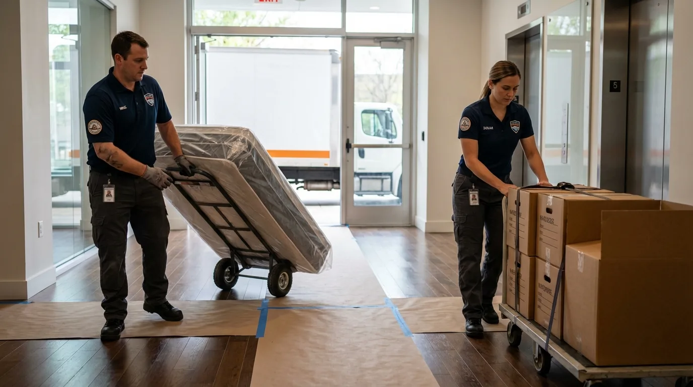 Professional apartment movers loading elevator in Hartsville, TN