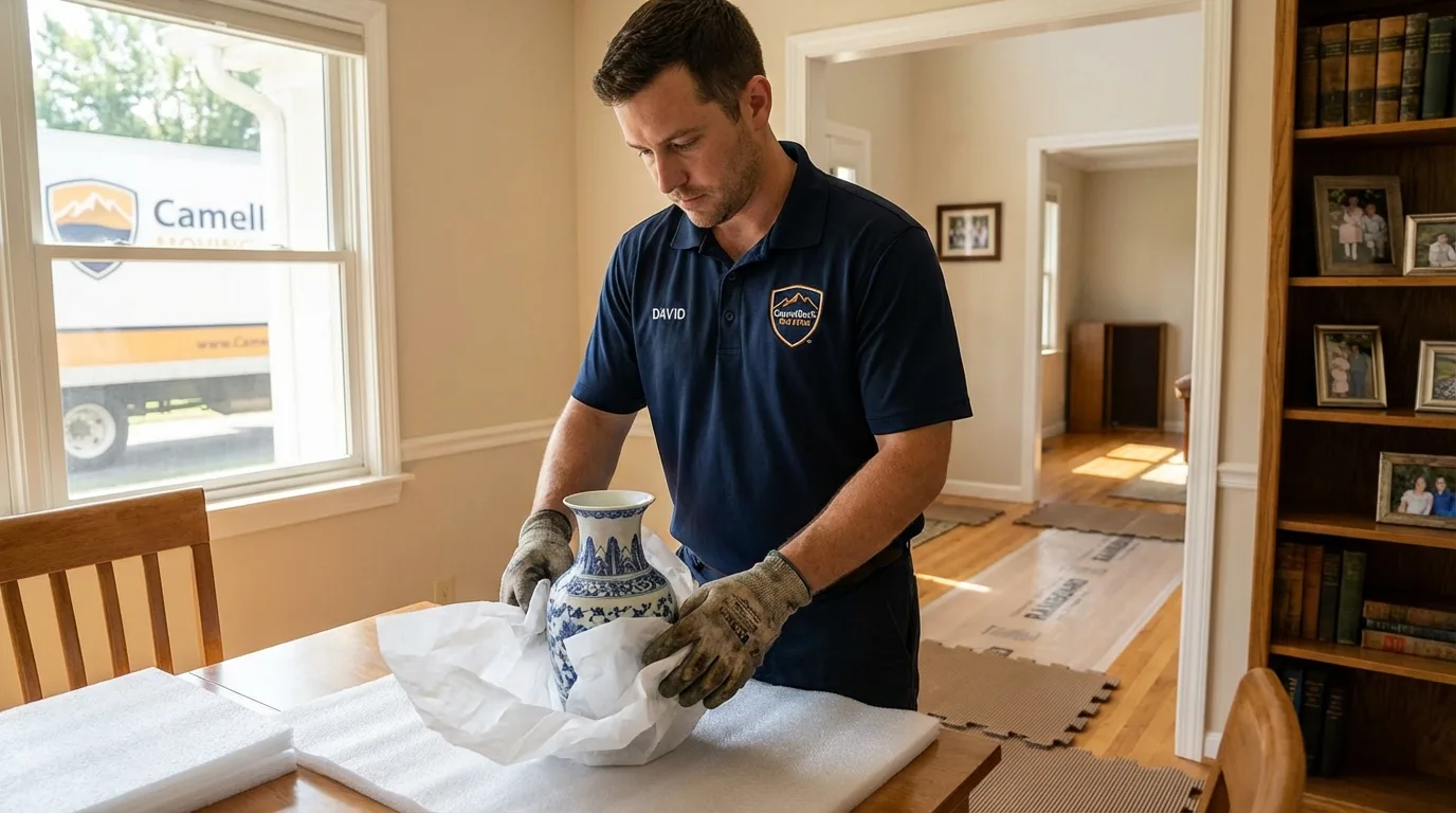 Professional crew carefully wrapping antique vase for senior downsizing move in Hartsville, TN